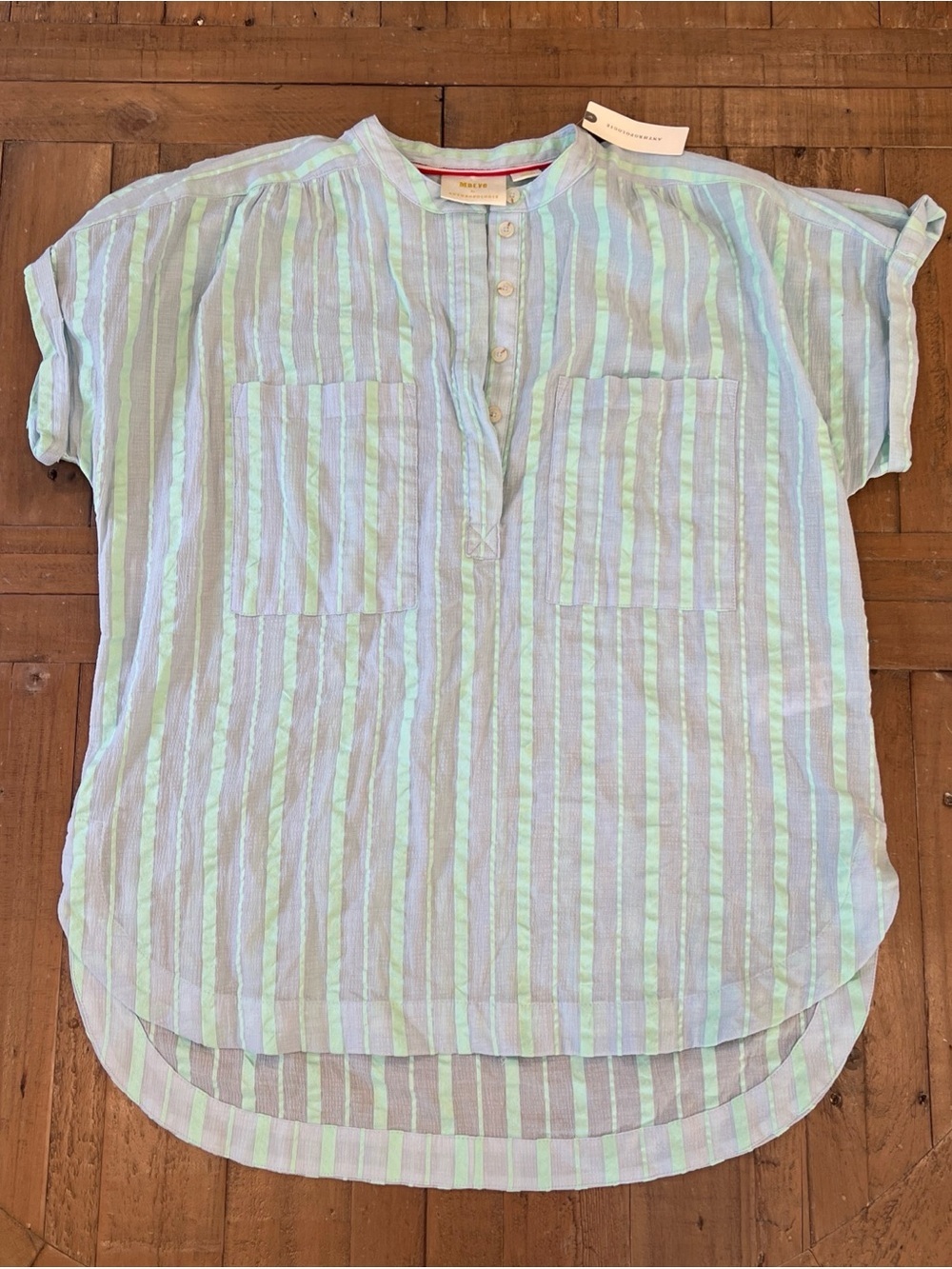 Anthropologie Maeve Blue Striped Short Sleeve Henley Small Cotton Oversized New